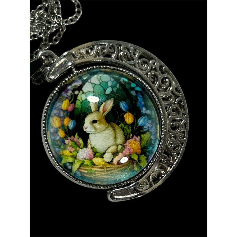 Silver‎ Tone Rotating Bunny Rabbit Crescent Moon Pendant Necklace Spring Easter